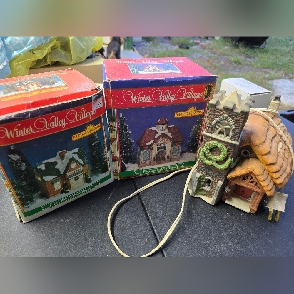 Vintage 1980s Porcelain Lighted Christmas buildings Church,Firehouse,library